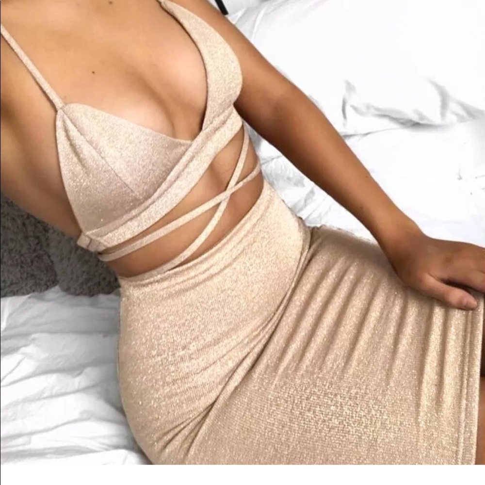 Tan gold shimmer glitter skirt crop top outfit set